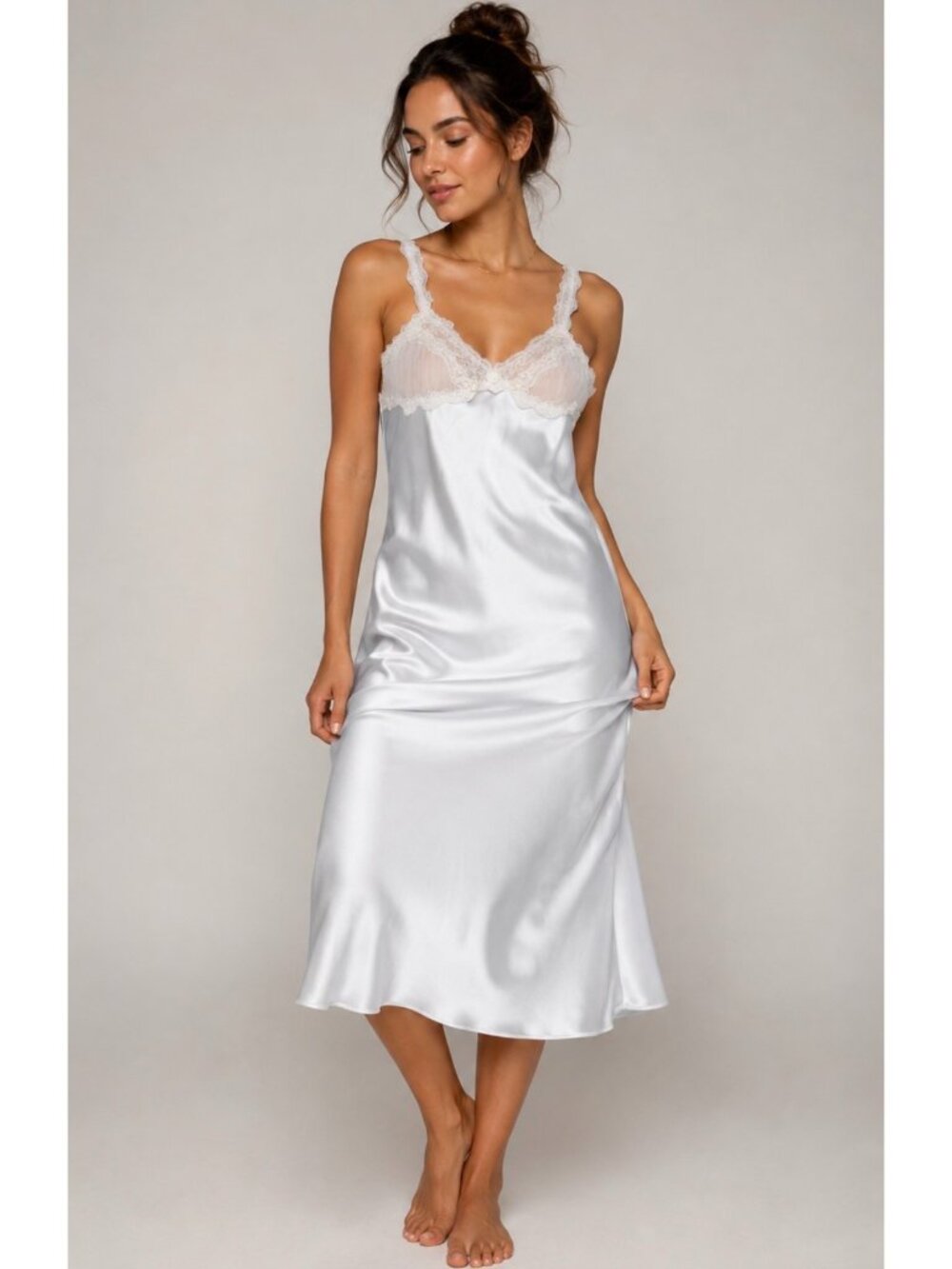 Vertifineux women’s White Satin Nightgown Slip Dress Vintage Romantic Lingerie S